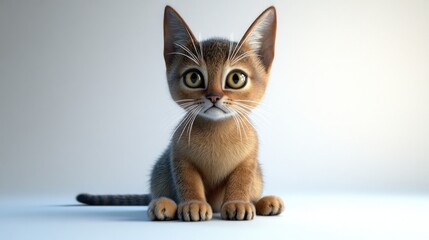 A cute Abyssinian kitten with big, curious eyes sits facing the camera, against a white background.