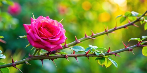 Wall Mural - Garden rose bush with sharp prickly thorn spikes on thick flower stalk, garden, rose, bush, sharp, prickly, thorn, spikes, thick