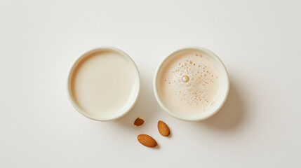 almond milk or oat milk: a close-up, top-down view of almond milk and oat milk in small rounded puddles, placed side by side with a small gap on a white background