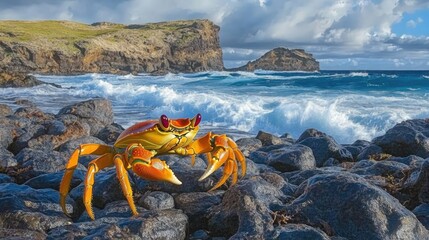 Poster - Colorful Crab by the Ocean with Scenic Background