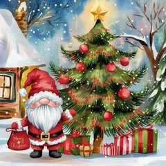 Wall Mural - Festive Watercolor Christmas Illustration with Santa