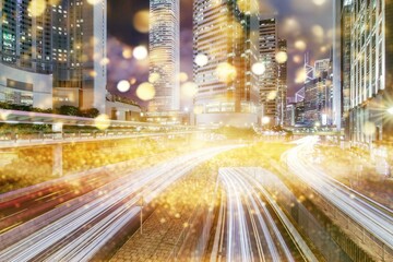 Sticker - Nighttime view of Hong Kong with illuminated skyscrapers and streetlights. Blurred lights and long exposure trails of moving vehicles create a mesmerizing effect.