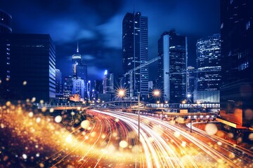 Poster - A busy highway in Hong Kong at night, with tall skyscrapers illuminated and cars speeding by.
