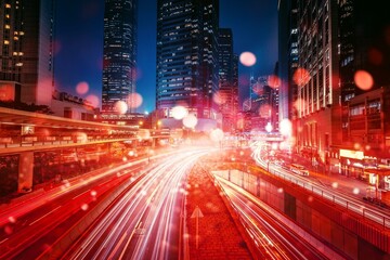 Poster - A Hong Kong highway at night with glowing city lights, and speeding cars leaving light trails.