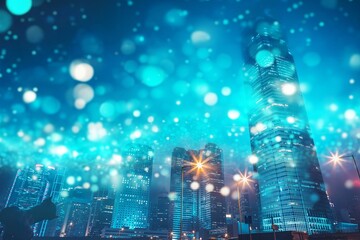 Poster - Cityscape with tall buildings illuminated at night.