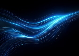 Fototapete - Abstract digital art with bright blue glowing lines creating a wave pattern on a dark background.