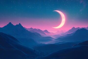 A serene night sky filled with stars and a glowing crescent moon over a peaceful landscape 