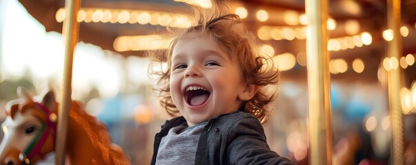 Little boy enjoying carousel ride at amusement park in carnival, festival, birthday or holiday. Smiling child on horse. Vintage merry go round. Summer family vacation