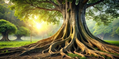 Trunk and big tree roots spreading out, nature, roots, trunk, tree, growth, forest, woodland, plants, environment, botany, green