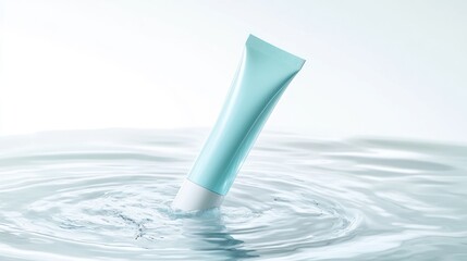 A dry skincare tube mockup in light blue and white floating on a transparent surface with water ripples underneath highlighting the shape and texture of the product