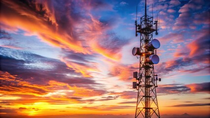 Twilight hues enveloping a communications tower laden with antennas , twilight, hues, tower, communications, antennas, technology