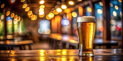 Glass of beer on table with bokeh background at evening pub, pub, beer, glass, table, bokeh, background, evening, drink