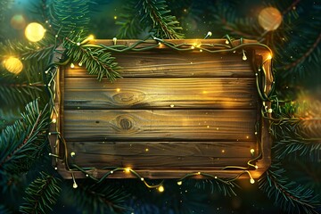 Frame made of fir tree branches, garland with lights and festive decorations on wooden background. Christmas and New Year celebration. Winter holidays. Top view, flat lay with copy space