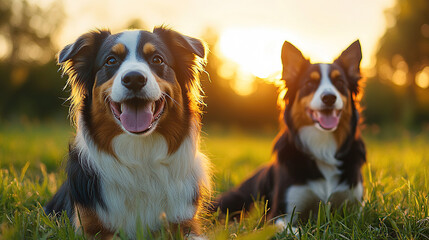 Wall Mural - Two happy dogs sit on the grass with the sunset in the background