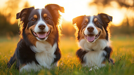 Wall Mural - Two happy dogs sit on the grass with the sunset in the background