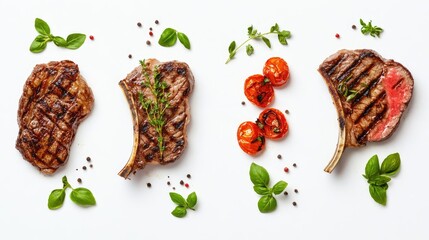 Poster - Grilled Steaks With Roasted Tomatoes and Fresh Herbs on a White Table Generative AI