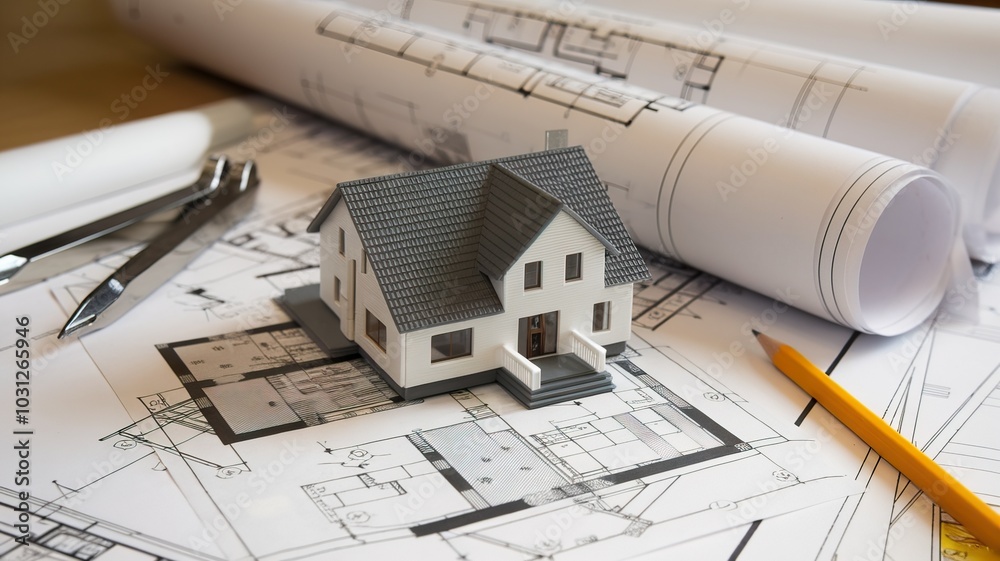 Architectural model on blueprints with tools for construction planning ...