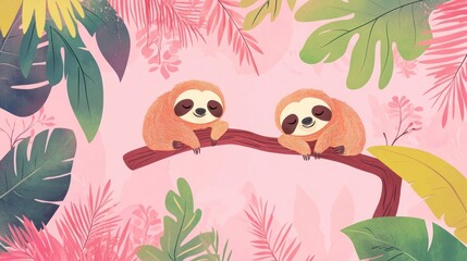Naklejka na meble Colorful Sloths in Tropical Vivid Background