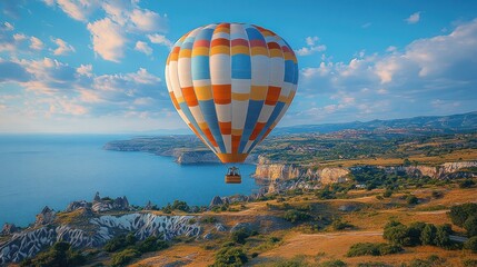 A colorful hot air balloon soaring over a scenic landscape.