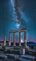 Wall Mural - ancient ruins with milky way galaxy at night with ai generated.