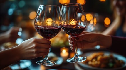 Cheers with red wine glasses in a cozy dining setting.