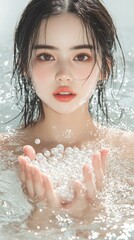 Poster - A serene young woman with floating pearls creates a magical scene, submerged in calm clarity, exuding peace and tranquility.