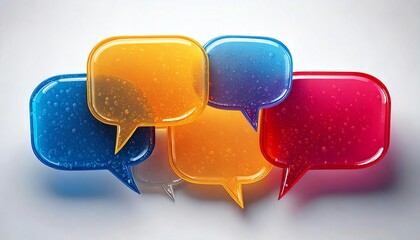 Poster - Colorful speech bubbles in blue, yellow, and red, symbolizing communication and conversation on a light background.