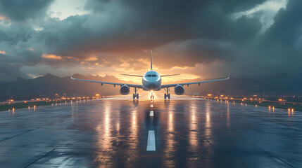 Canvas Print - Airplane on runway at sunset, reflecting light and clouds.