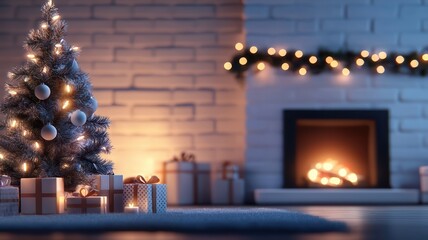 Wall Mural - cozy christmas scene with decorated tree and glowing fireplace