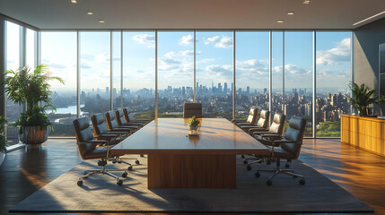 Wall Mural - Modern conference room with a city skyline view.