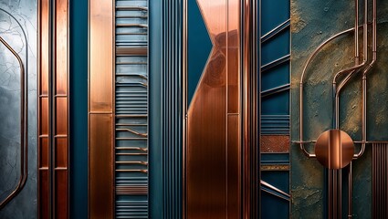 Wall Mural - Copper and blue metal panels create a modern, industrial design.