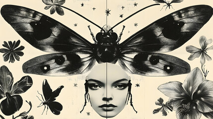 Poster - Abstract art featuring a woman's face and a large butterfly.