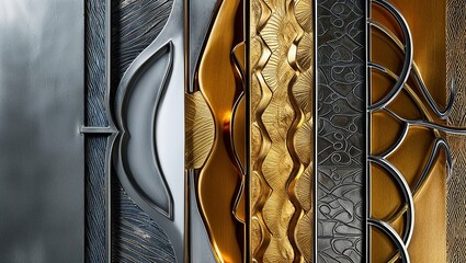 Canvas Print - Close up of intricately patterned metal artwork in shades of gold and silver.