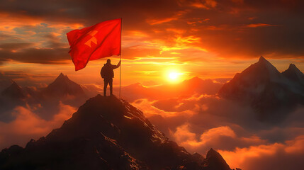 Canvas Print - A silhouette of a person holding a flag atop a mountain at sunset.