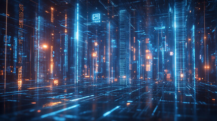 Fototapete - Abstract digital landscape with glowing lines and structures showcasing futuristic technology