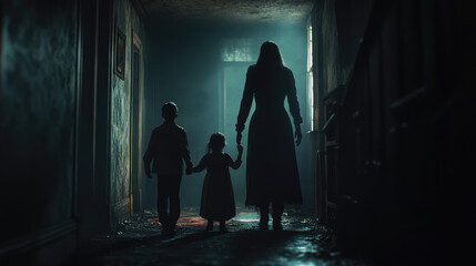 A woman and two children are walking down a dark hallway