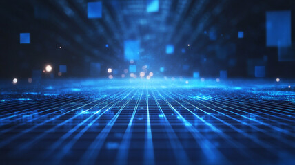 Poster - Blue digital data grid with glowing squares creating a futuristic atmosphere at night