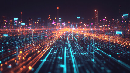 Poster - Vibrant city skyline illuminated by technological light trails at night