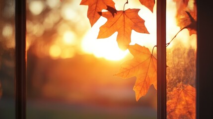 Canvas Print - Autumn leaves create a warm frame as a brilliant sunset spills through the window, melting into vibrant hues.