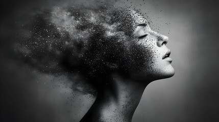 Poster - A surreal portrait of a woman with a dissolving head effect.