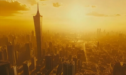 Poster - A panoramic view of a city skyline at sunset, with a tall skyscraper in the foreground.