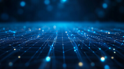 Fototapete - Abstract representation of a digital network with glowing connections in blue hues at night