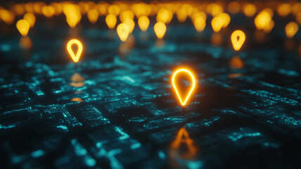 Poster - Illuminated location markers representing digital navigation on a futuristic city map