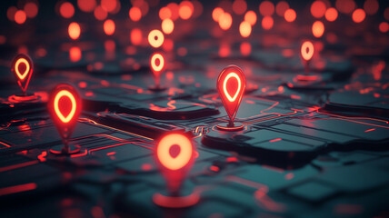 Poster - Illuminated map with multiple navigation markers glowing in a dark setting at night