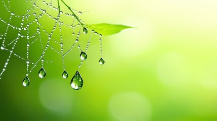 Sticker - A stunning spider web glistens with dew drops against a lush green backdrop, capturing natures intricate beauty.