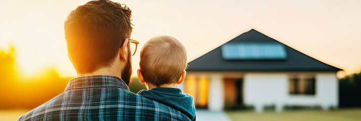 A father and his young son stand looking at their new home in the warm evening light.