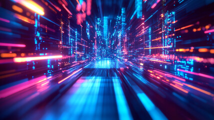 Poster - Vibrant digital tunnel showcasing rapid movement in a futuristic abstract background