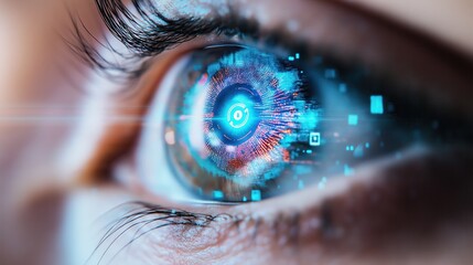 Closeup of a futuristic digital eye with advanced data visualization and technological elements  Concept of intelligence augmented reality and innovative scientific solutions