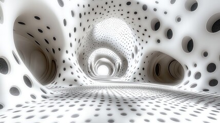 Poster - Abstract white tunnel with polka dots, creating a surreal environment.