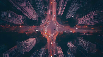 Poster - Aerial view of an urban intersection surrounded by tall buildings.